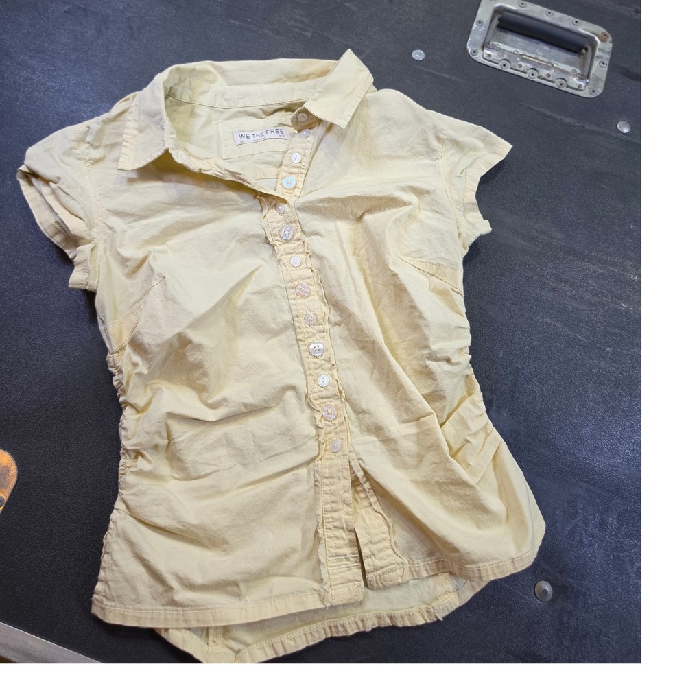 We The Free Free People Yellow Ruched Short Sleeve Button Down Shirt OB2408995 S